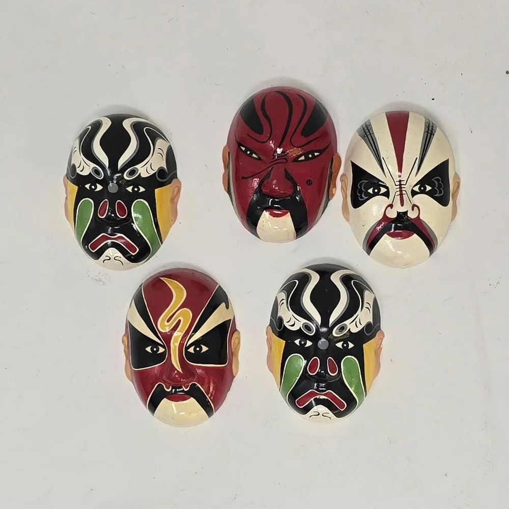 Vtg WUXI chinese handmade hand painted, 5 clay kabuki masks huishan theater‎